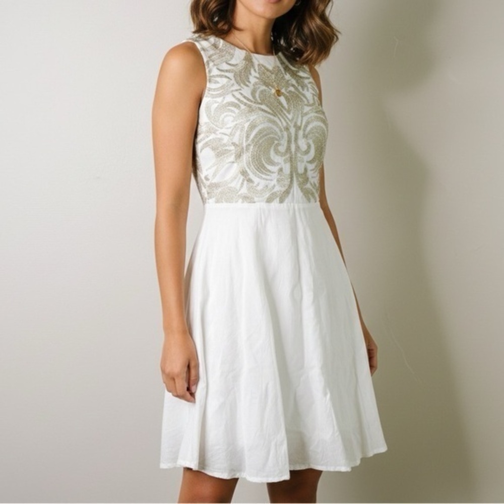 SAMANT CHAUHAN White Gold Embroidered‎ Fit And Flare Mini Dress Anthropologie